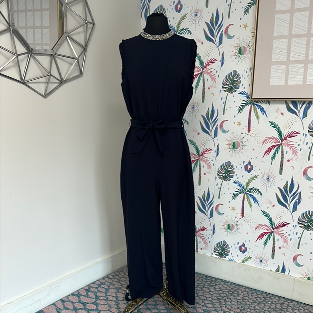 Zara Chic Blue Jumpsuit with High Detailed Neckline